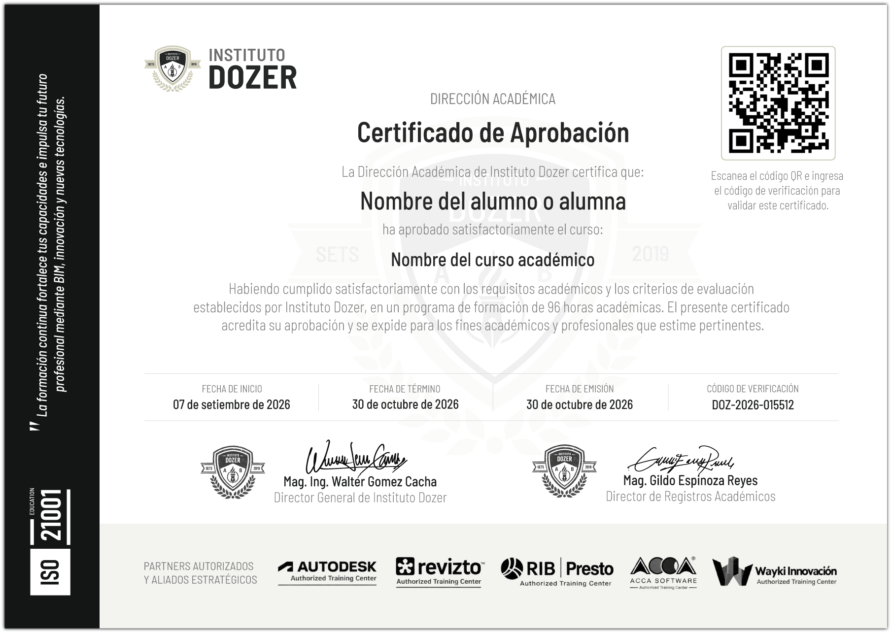 Modelo de certificado del Instituto Dozer